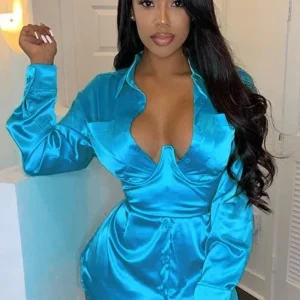 Robe Chemise Satin Bleue