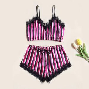 Pyjama Satin Rayé Rose Noir