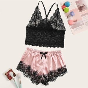 Pyjama Satin Rose Dentelle
